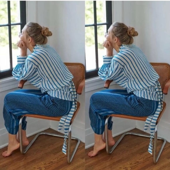 Free People UK Kimono Style Lightweight Cotton Blend Top Turquoise White Striped - Picture 6 of 6